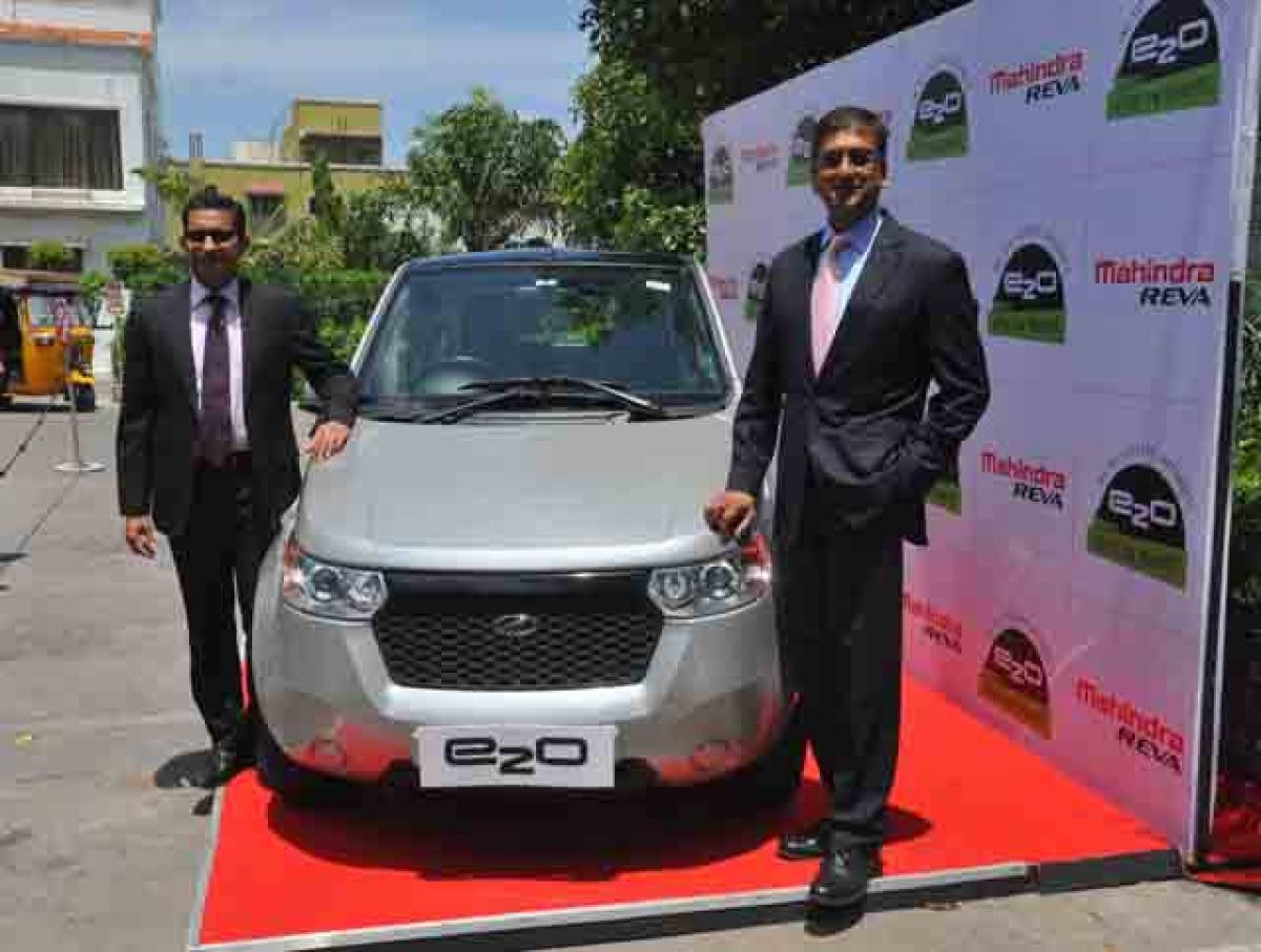 Jagan Kurian, Head (Sales & Marketing), and Arvind Mathew, CEO, Mahindra Reva, at the launch of e20 electric vehicle in Hyderabad on Tuesday